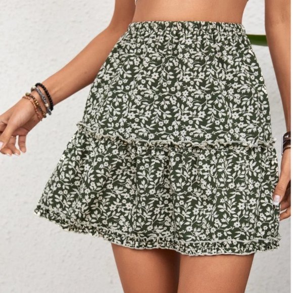 Olive Boho Floral Print Ruffle Hem Skirt - Picture 1 of 6
